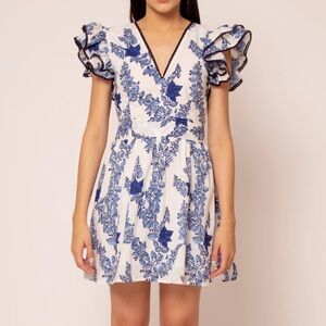 NWT BEYOND by Vera Chloe Dress Blue bougainvillea Sz S Ruffle Cottagecore French